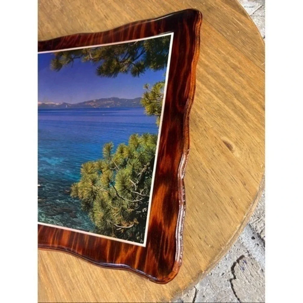 Vintage Lake Tahoe Mountains Landscape Art Print Glossy Wood 70/80s 12
